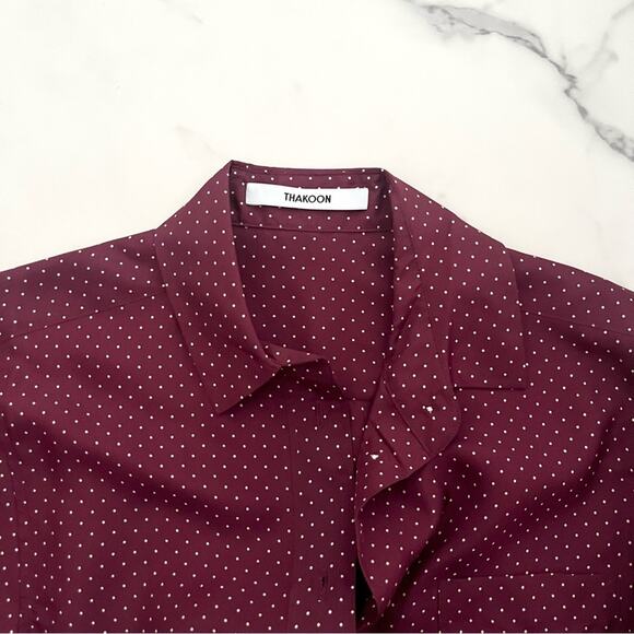 Takoon Silk Wrap Tie Shirt Dress in maroon polka dots Sz XS minimalist oversize - Picture 3 of 9